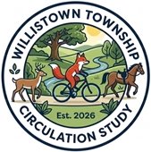 Willistown Circulation Study Logo featuring a trotting deer, a fox on a bicycle, and a saddled horse