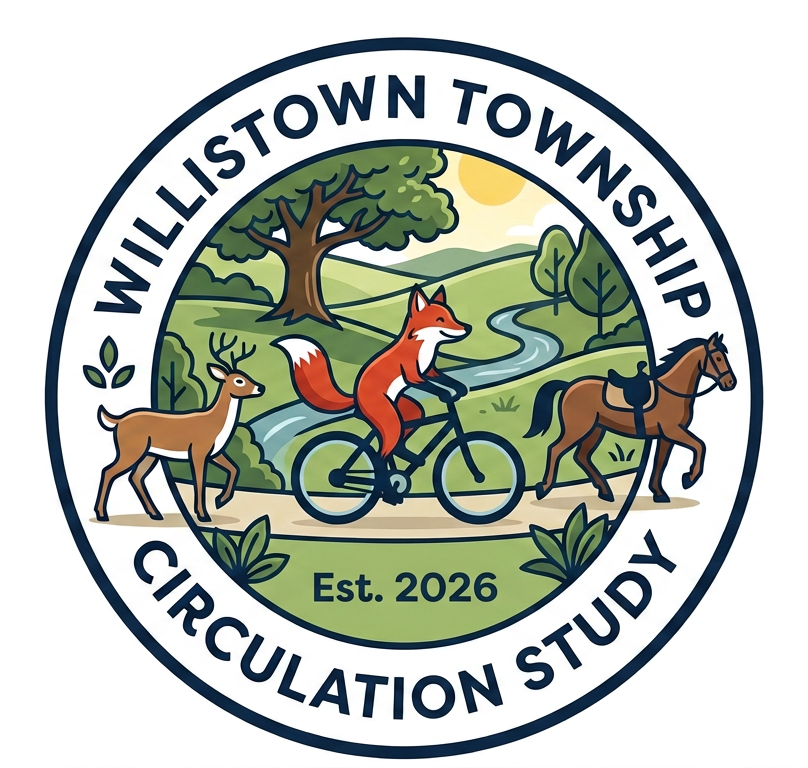 Circulation Study Logo featuring an ambling deer, a fox on a bicycle, and a saddled horse. 